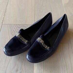 Tory Burch Navy Loafers with Gold Chain Accent